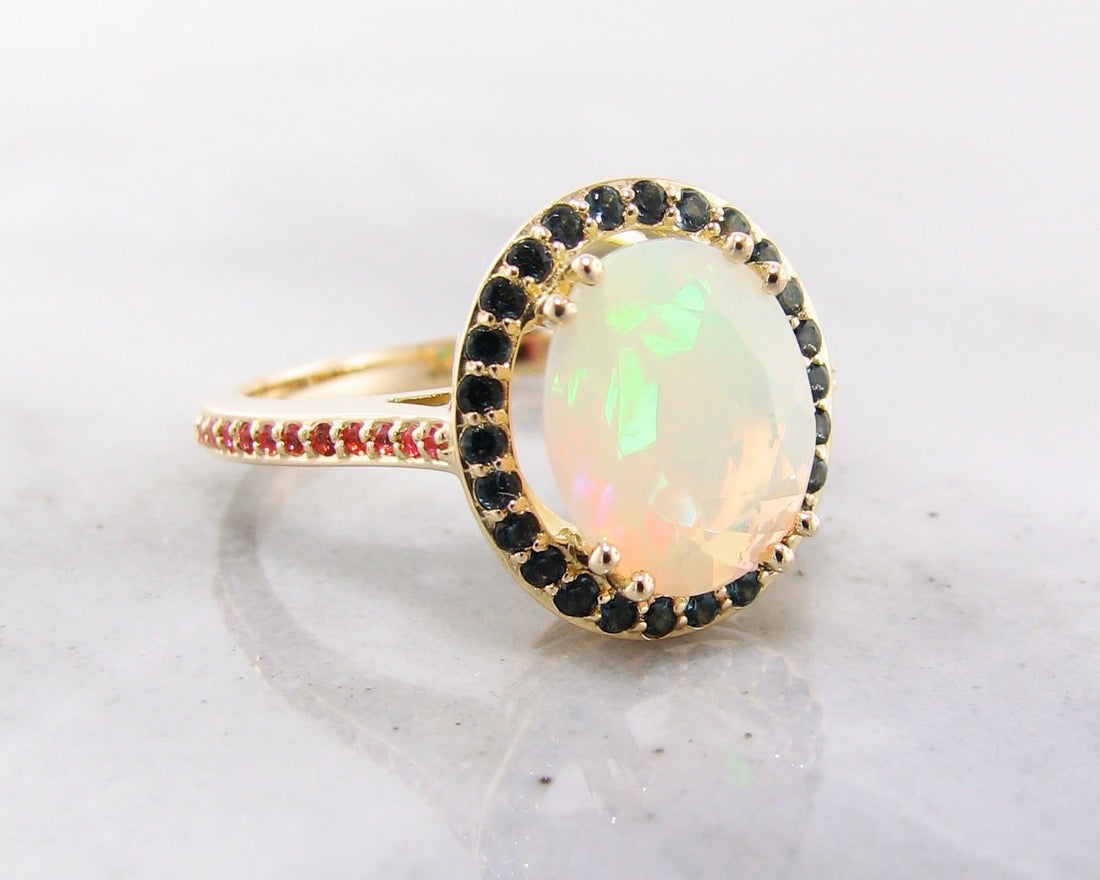 18K Yellow Gold Opal, Topaz Ring, Fiery