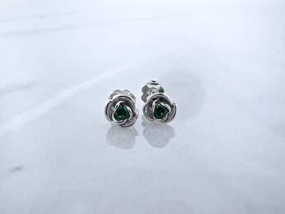 Silver Petite Rosebud Earring Studs Lab Emerald