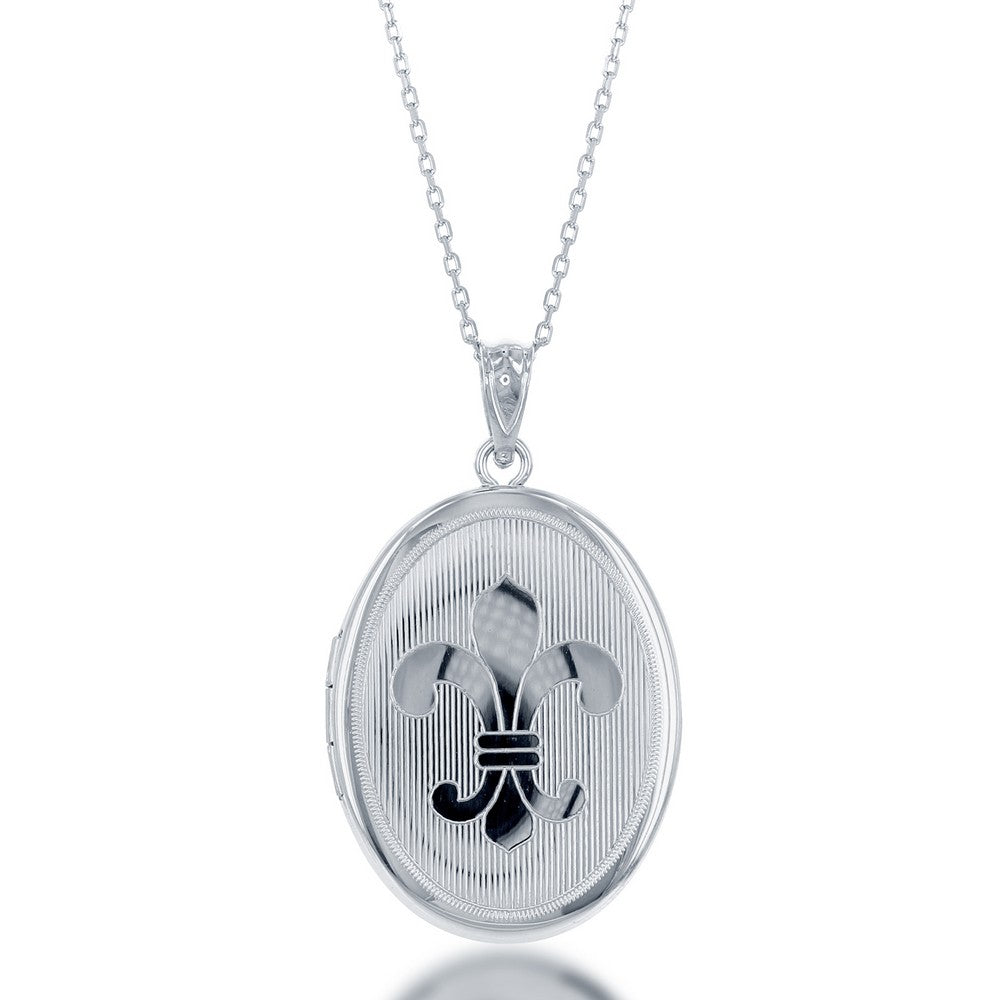 Sterling Silver Fleur De Lis Oval Locket Pendant With Chain