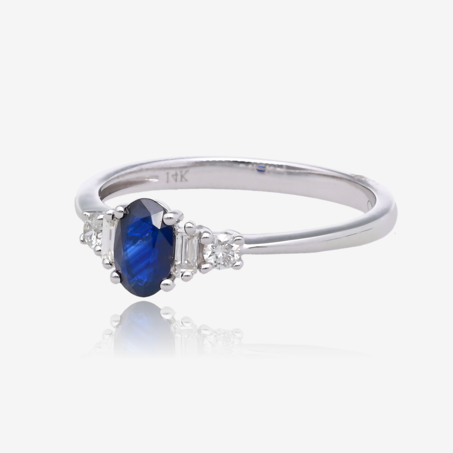 Oval Sapphire and Diamond Tapered Ring in 14K White Gold