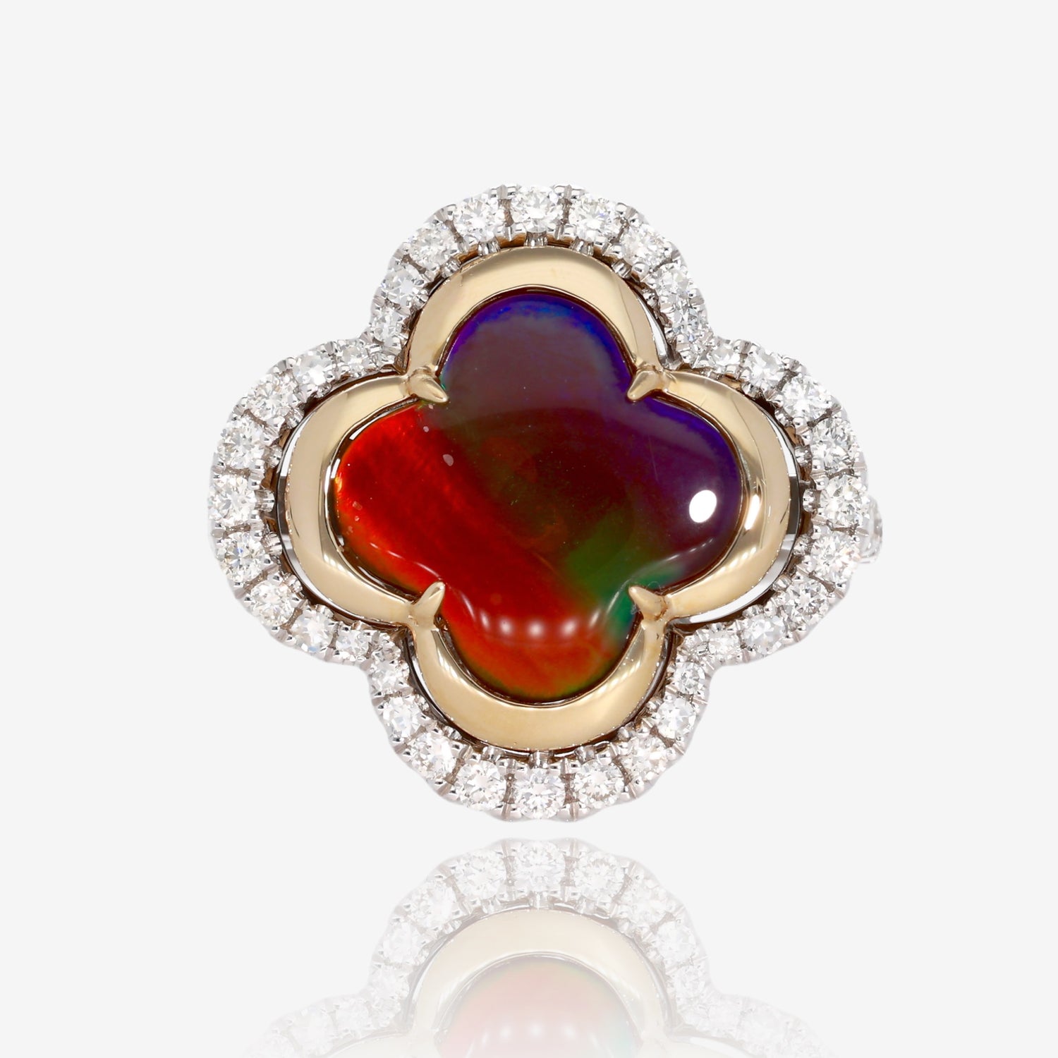 Two Tone Gold Iridescent Clover Amolite Diamond Ring