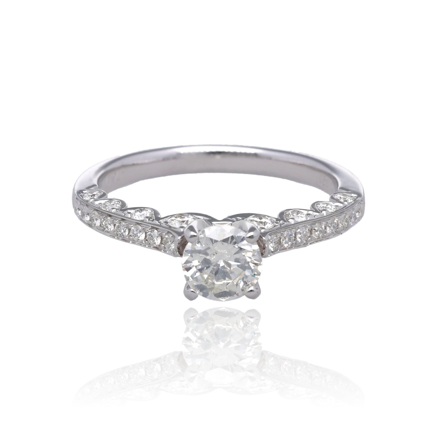 Timeless Grace 14K White Gold Natural Diamond Engagement Ring with Scalloped Gallery and Round Diamond
