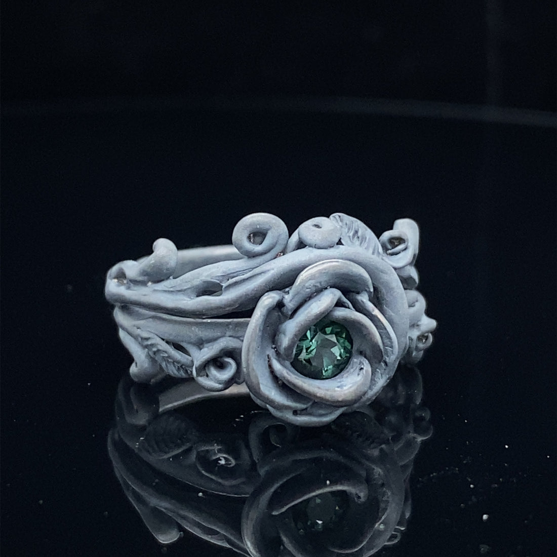 Rose Garland Wedding Set, Blackened Silver and Deep Green Tourmaline