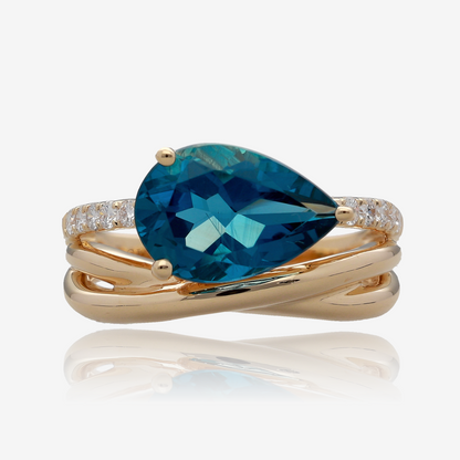 Pear Shaped London Blue Topaz and Diamond Multi Band Ring in 14K Yellow Gold
