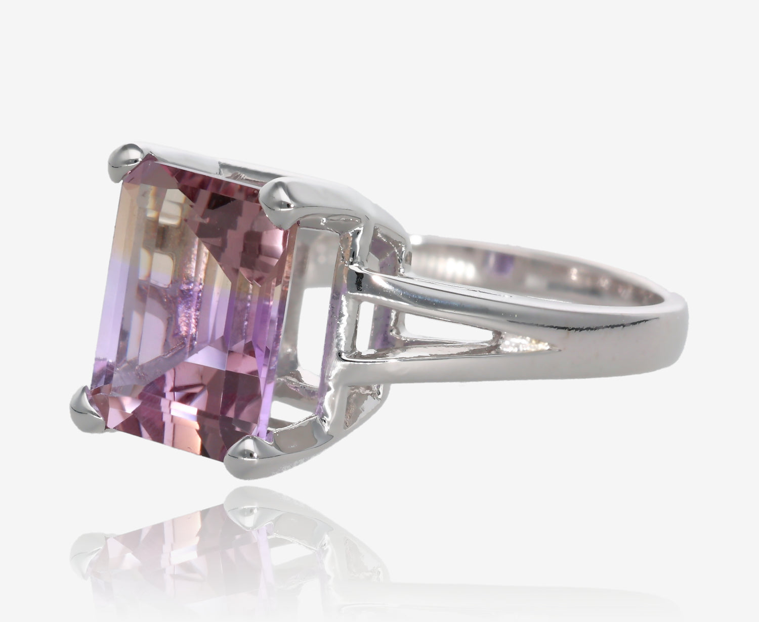 Ametrine Emerald Cut Cathedral Split Ring in Sterling Silver