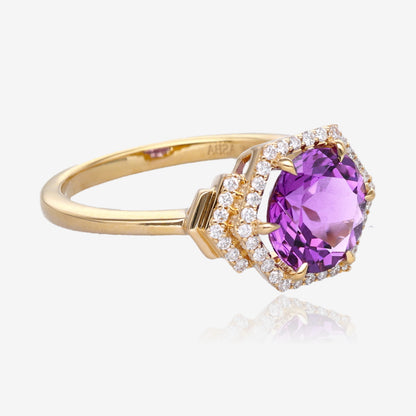 Art Deco Hexagon Amethyst Diamond Accented Ring