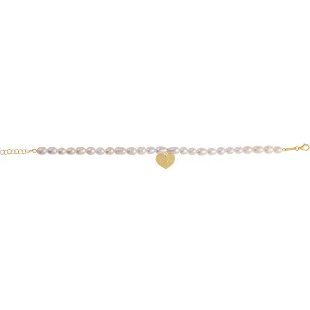 14K Yellow Cultured White Freshwater Pearl & Heart Bracelet
