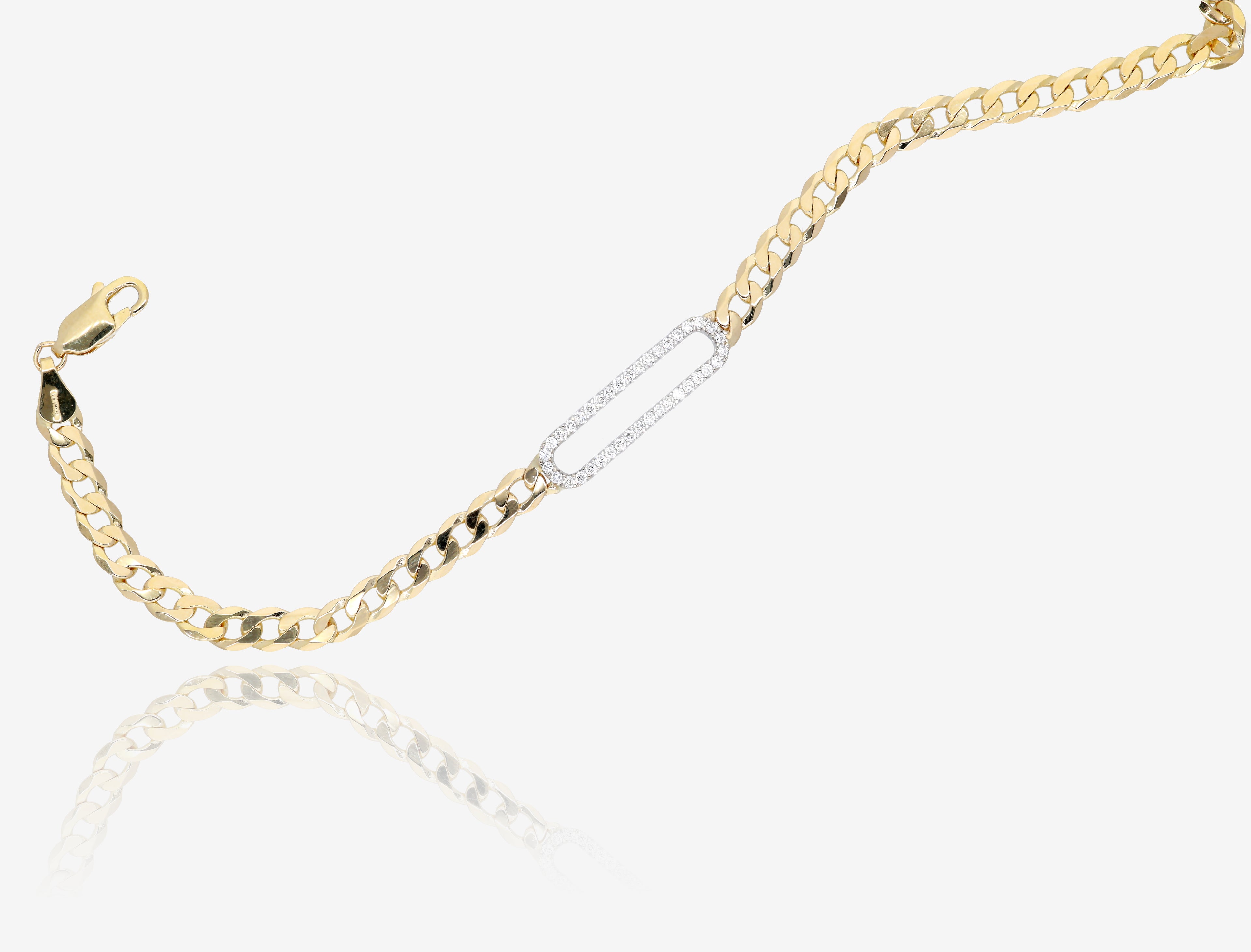 Two Tone Diamond Paperclip Link Bracelet in 14K Yellow and White Gold