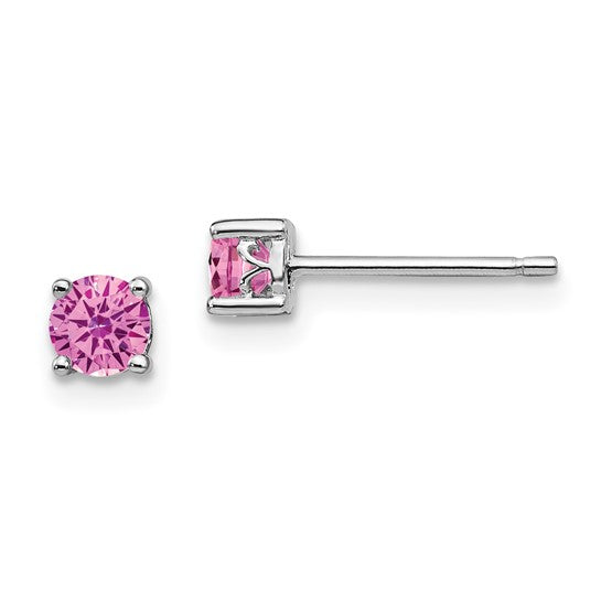 Silver 4mm Round Created October Birthstone Pink Sapphire Ear Studs