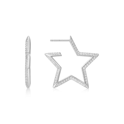 Silver Star-Shaped Pavé Hoop Earrings