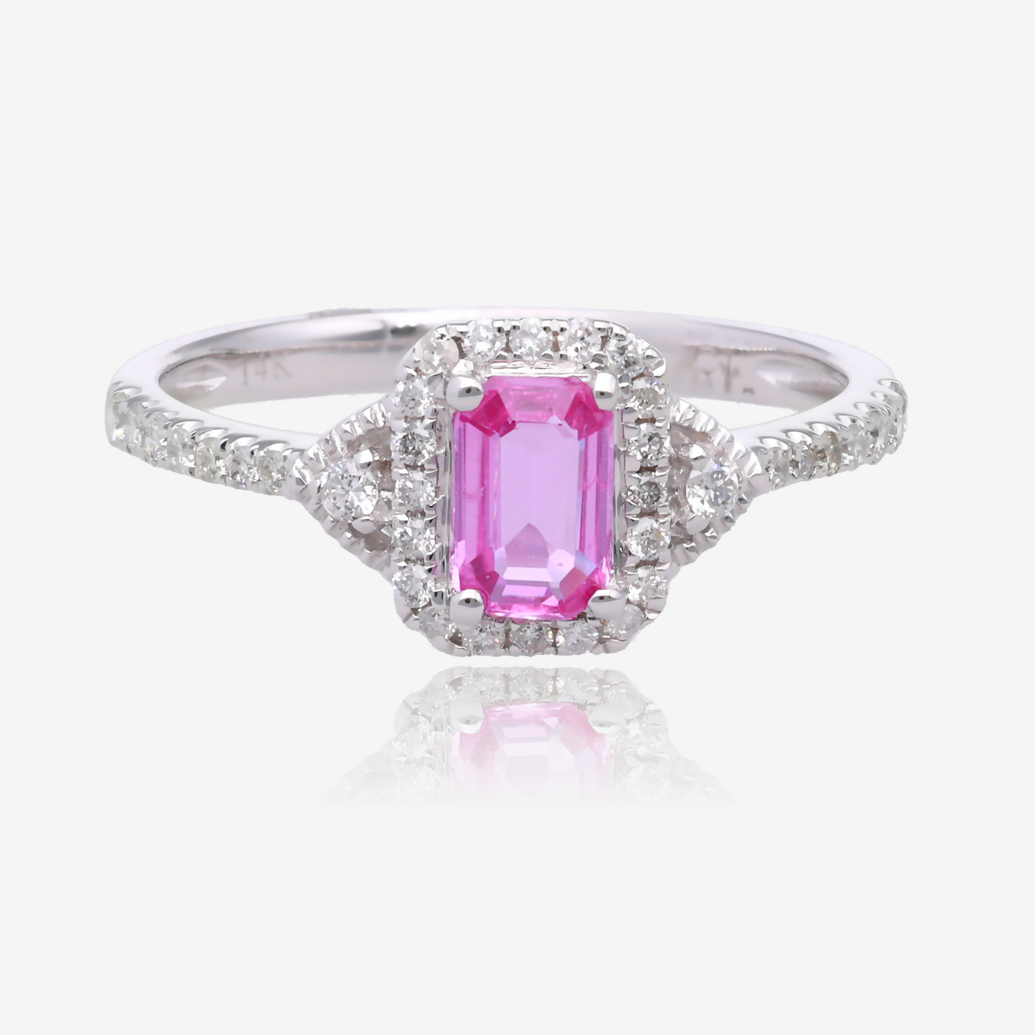 Radiant Cut Pink Sapphire and Diamond Halo Ring in 14K White Gold
