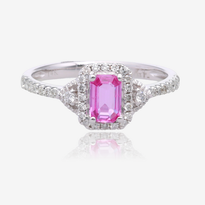 Radiant Cut Pink Sapphire and Diamond Halo Ring in 14K White Gold