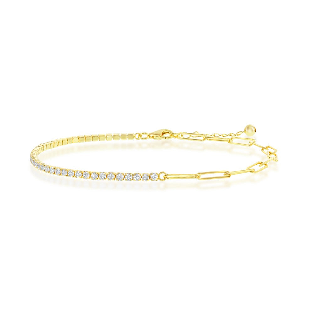 Sterling Silver 2mm Half Tennis &amp; 3.5mm Paperclip Anklet - Gold Plated