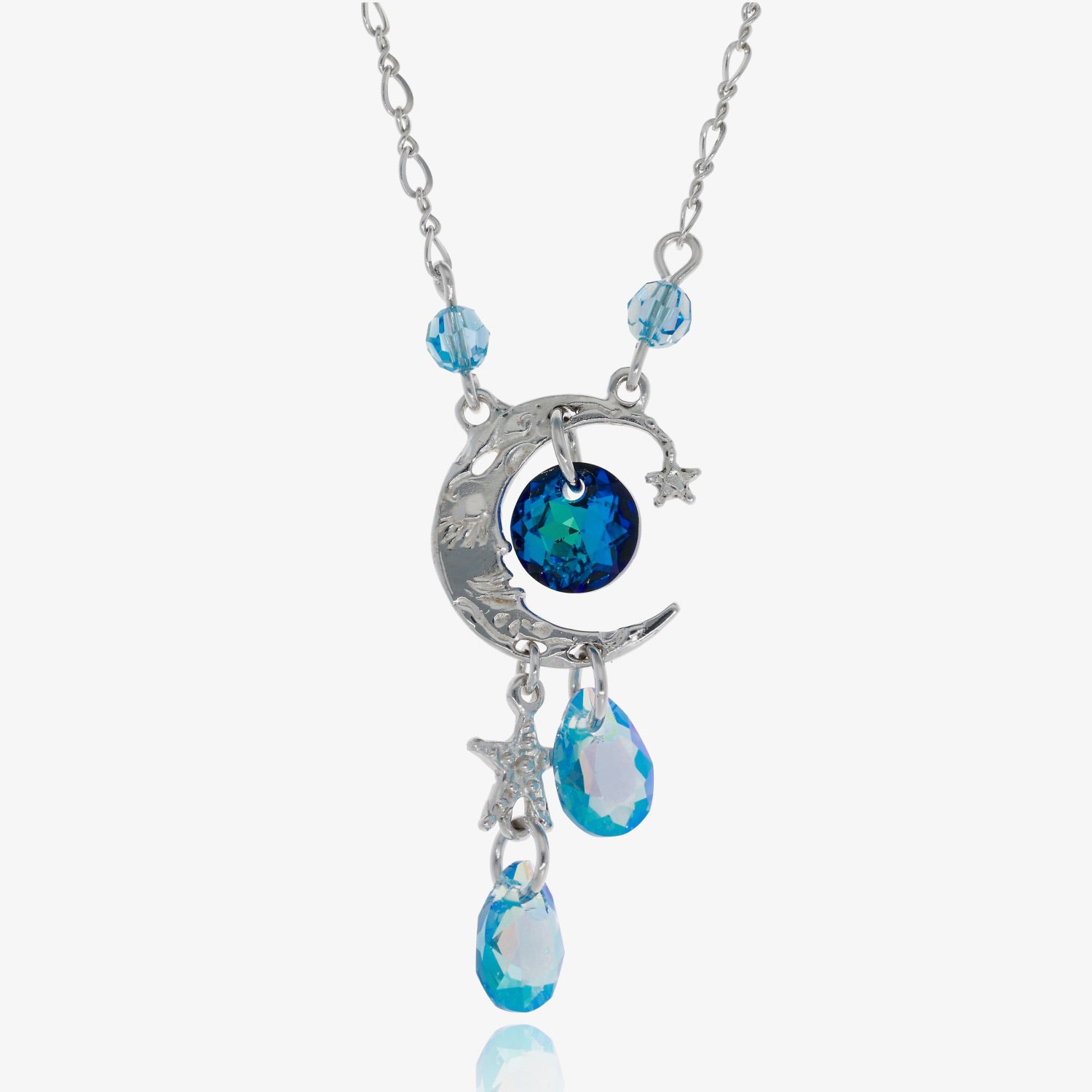 Celestial crystal Blue Moon Silver Dangle Necklace