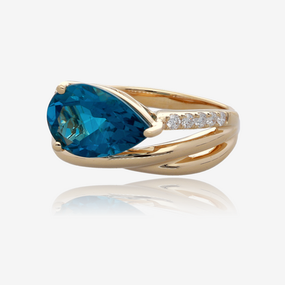 Pear Shaped London Blue Topaz and Diamond Multi Band Ring in 14K Yellow Gold