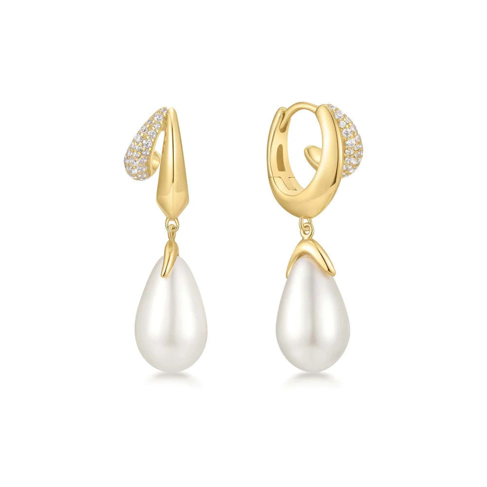 Yellow Sparkling Duet Mixed Shell Pearl Drop Huggie Hoop Earrings