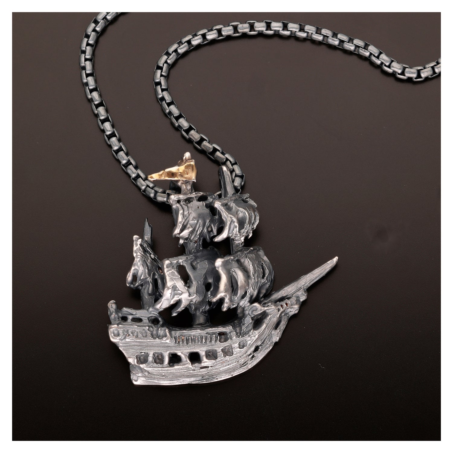 Ghost Pirate Ship Necklace in Antiqued Silver