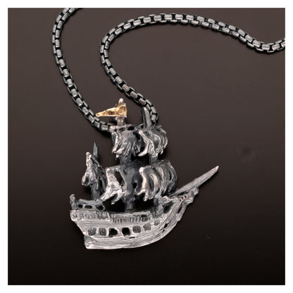 Ghost Pirate Ship Necklace in Antiqued Silver