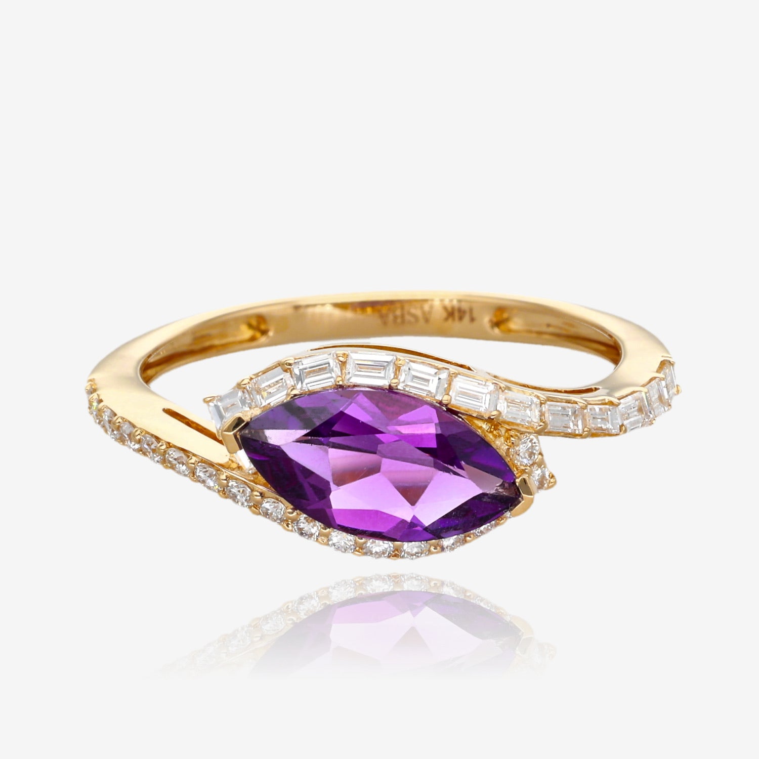 14K Yellow Golden Halo Marquise Amethyst Ring and Diamond Accent