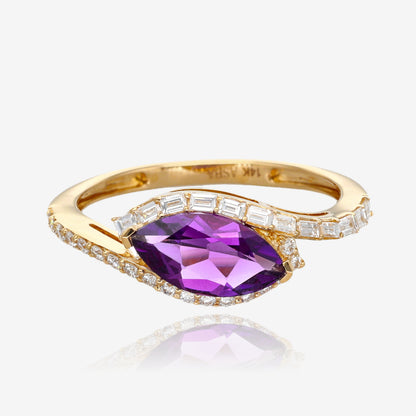 14K Yellow Golden Halo Marquise Amethyst Ring and Diamond Accent