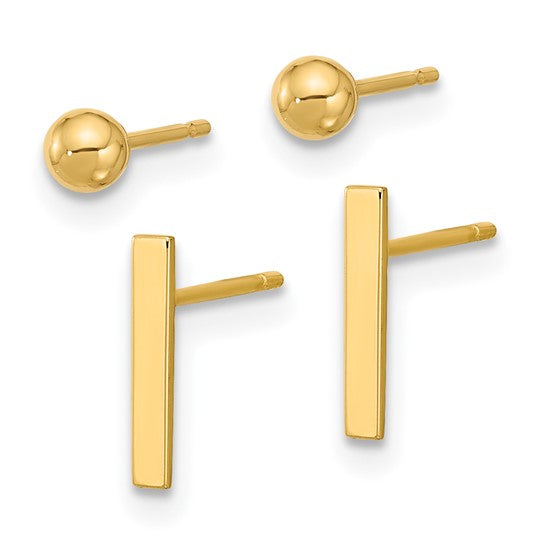 14K Yellow Polished 3mm Ball and Bar Earring Set