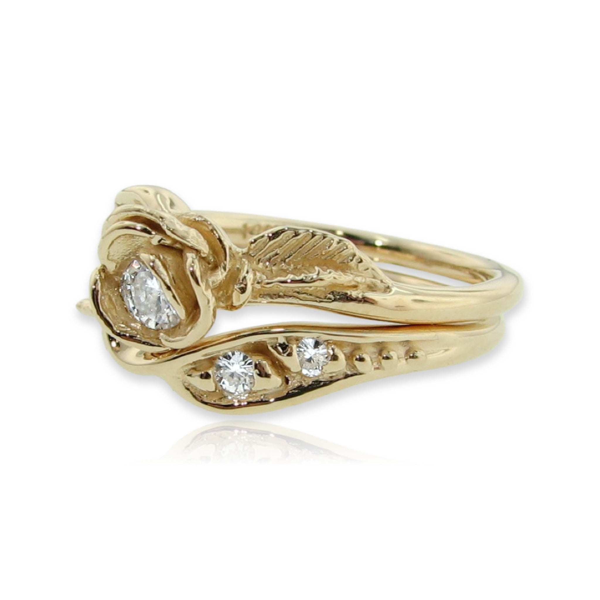 Prize Tea Rose Wedding Ring Set Lab Diamond in Yellow Gold