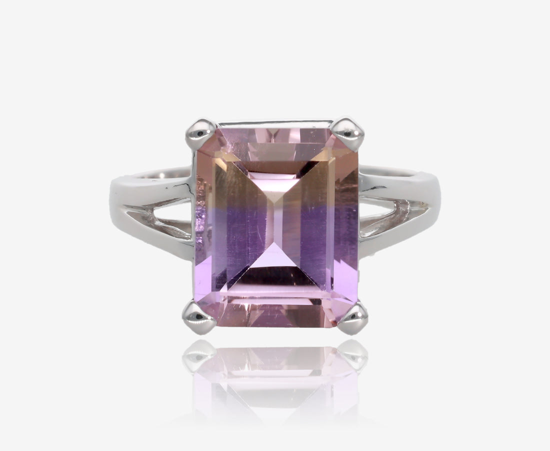 Ametrine Emerald Cut Cathedral Split Ring in Sterling Silver