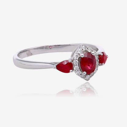 Oval Ruby and Diamond Vintage Halo Ring in 14K White Gold