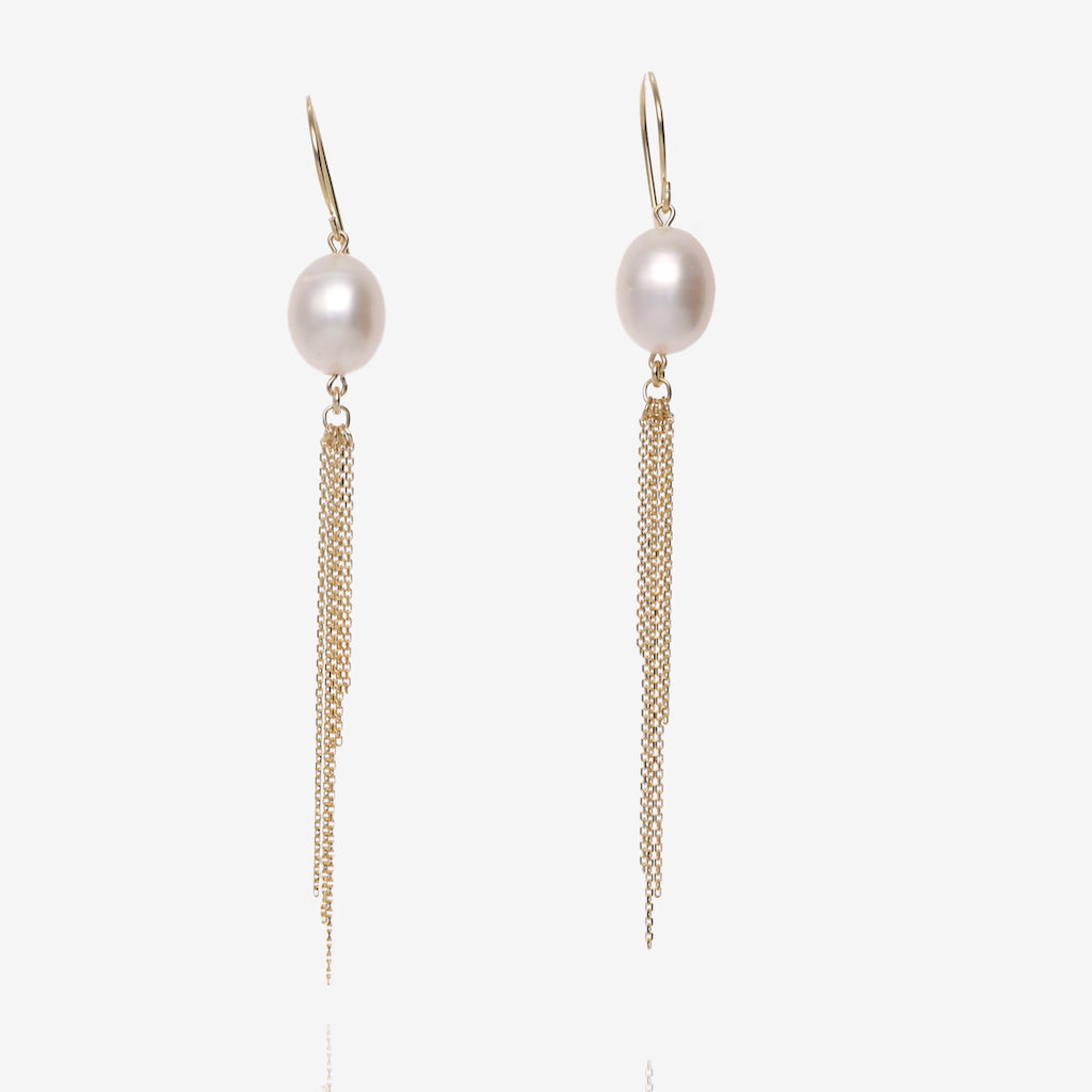 Pearl and Yellow Gold Fringe Dangle Earrings