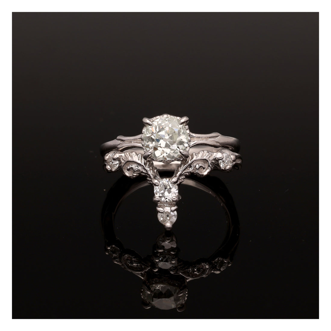 Fiddlehead Fern and Orchid Platinum Wedding Set 1 Carat Old Mine Cut Antique Diamond