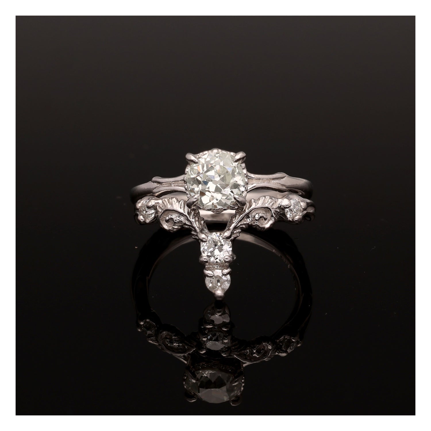 Fiddlehead Fern and Orchid Platinum Wedding Set 1 Carat Old Mine Cut Antique Diamond