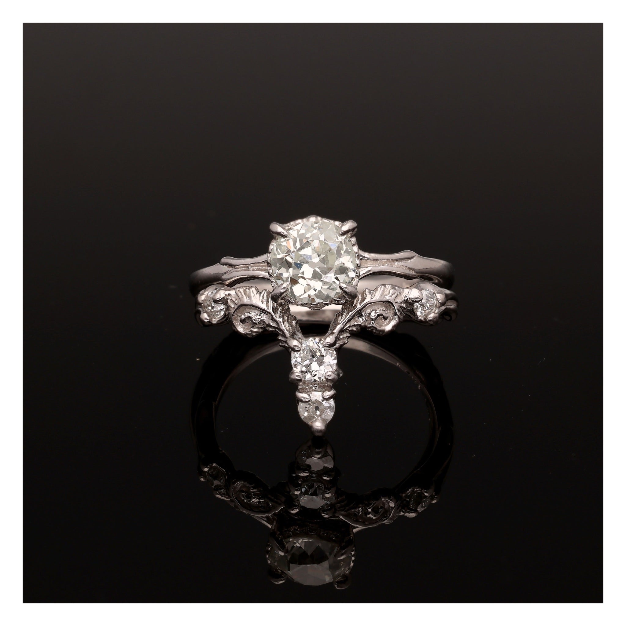 Fiddlehead Fern and Orchid Platinum Wedding Set 1 Carat Old Mine Cut Antique Diamond