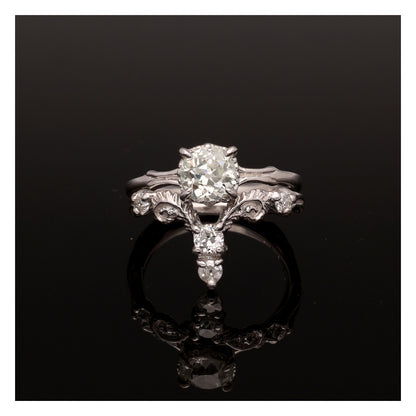 Fiddlehead Fern and Orchid Platinum Wedding Set 1 Carat Old Mine Cut Antique Diamond