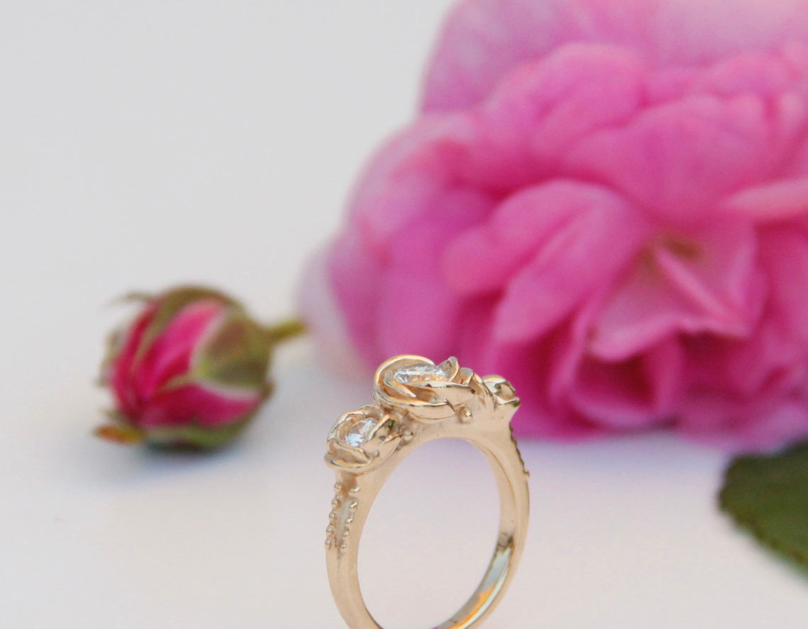 Prized Rose Trio Three Diamond Ring Yellow Gold