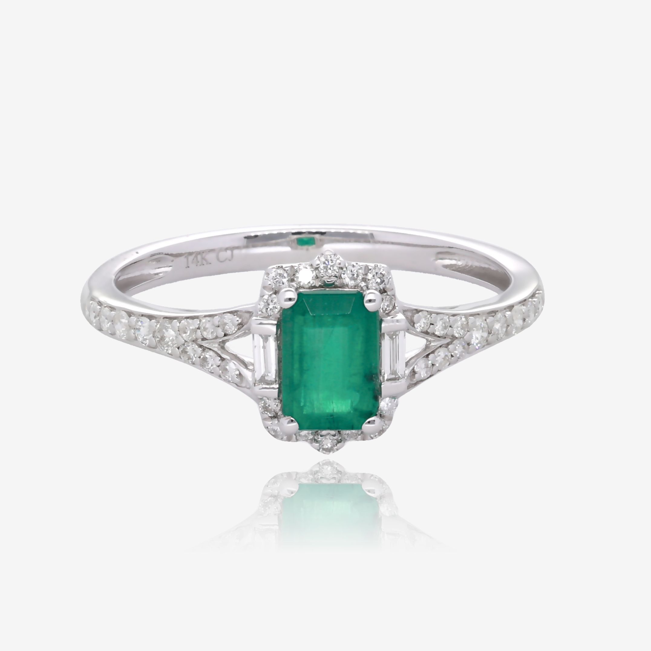Emerald Cut Emerald and Diamond Split Shank Ring in 14K White Gold