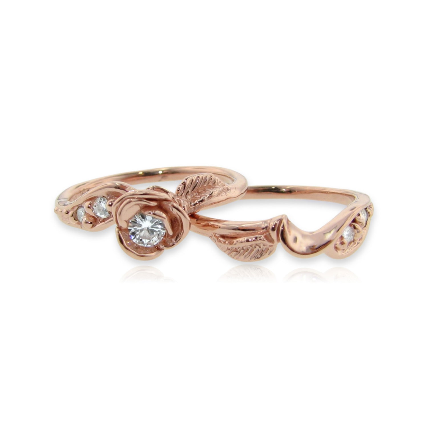 Prize Tea Rose Wedding Ring Set Lab Diamond in Rose Gold