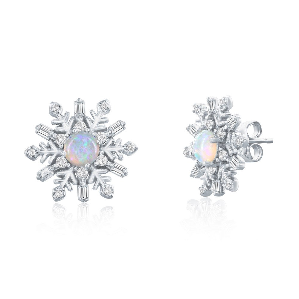 Frozen Light Opal Snowflake Earrings in Sterling Silver