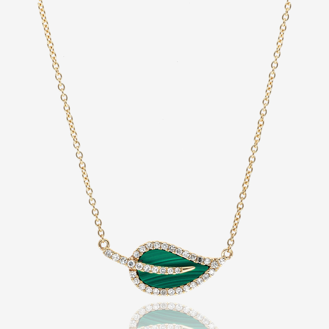East to West Malachite Leaf Diamond Necklace in 14K Yellow Gold