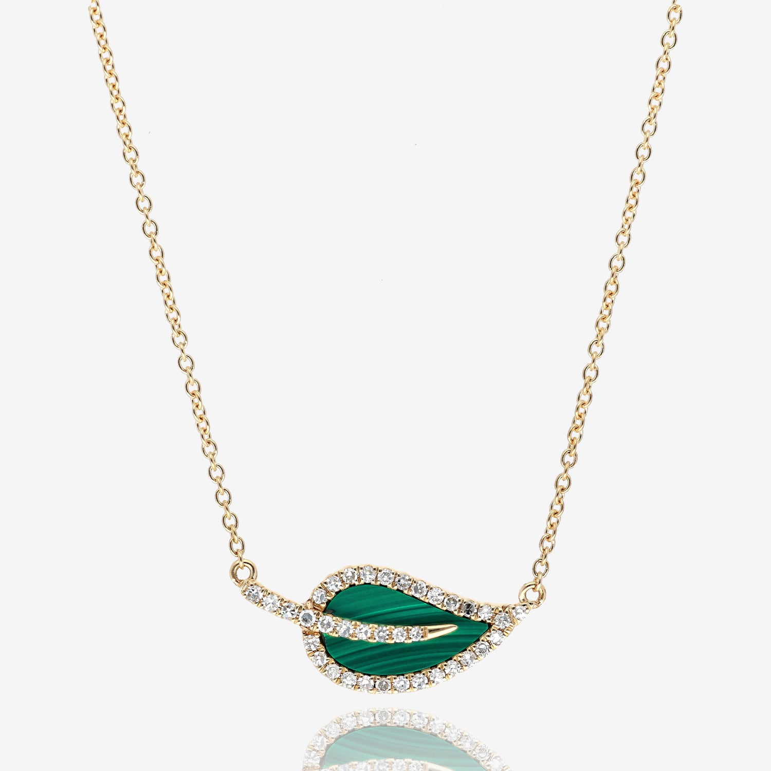 East to West Malachite Leaf Diamond Necklace in 14K Yellow Gold