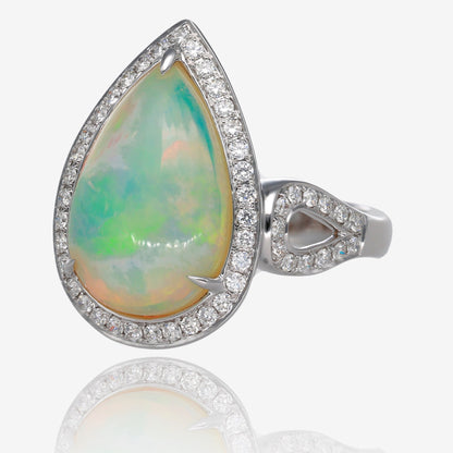 Celestial Glow Ethiopian Opal and Diamond Teardrop Ring in White Gold