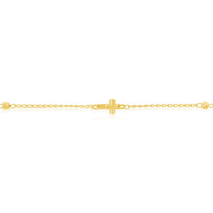 Sterling Silver Diamond Cut Beads with Small Center Cross Anklet - Gold Plated