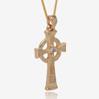 Ancient Celtic Cross Pendant 14k Yellow Gold with Diamond