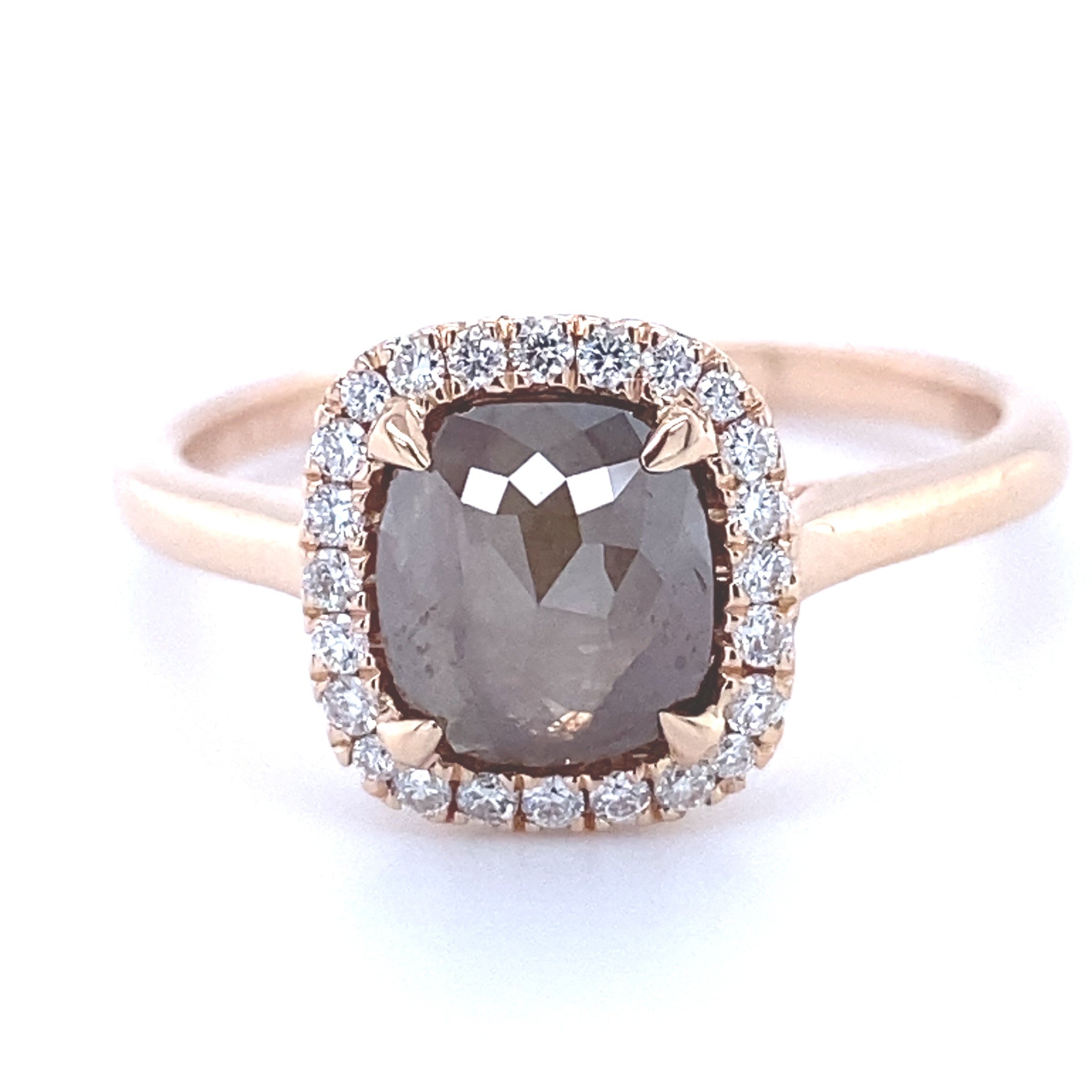 .95ct Bronzed Rough Rose Cut Diamond Cushion Halo Engagement Ring 14k Rose Gold 1.09ct TDW