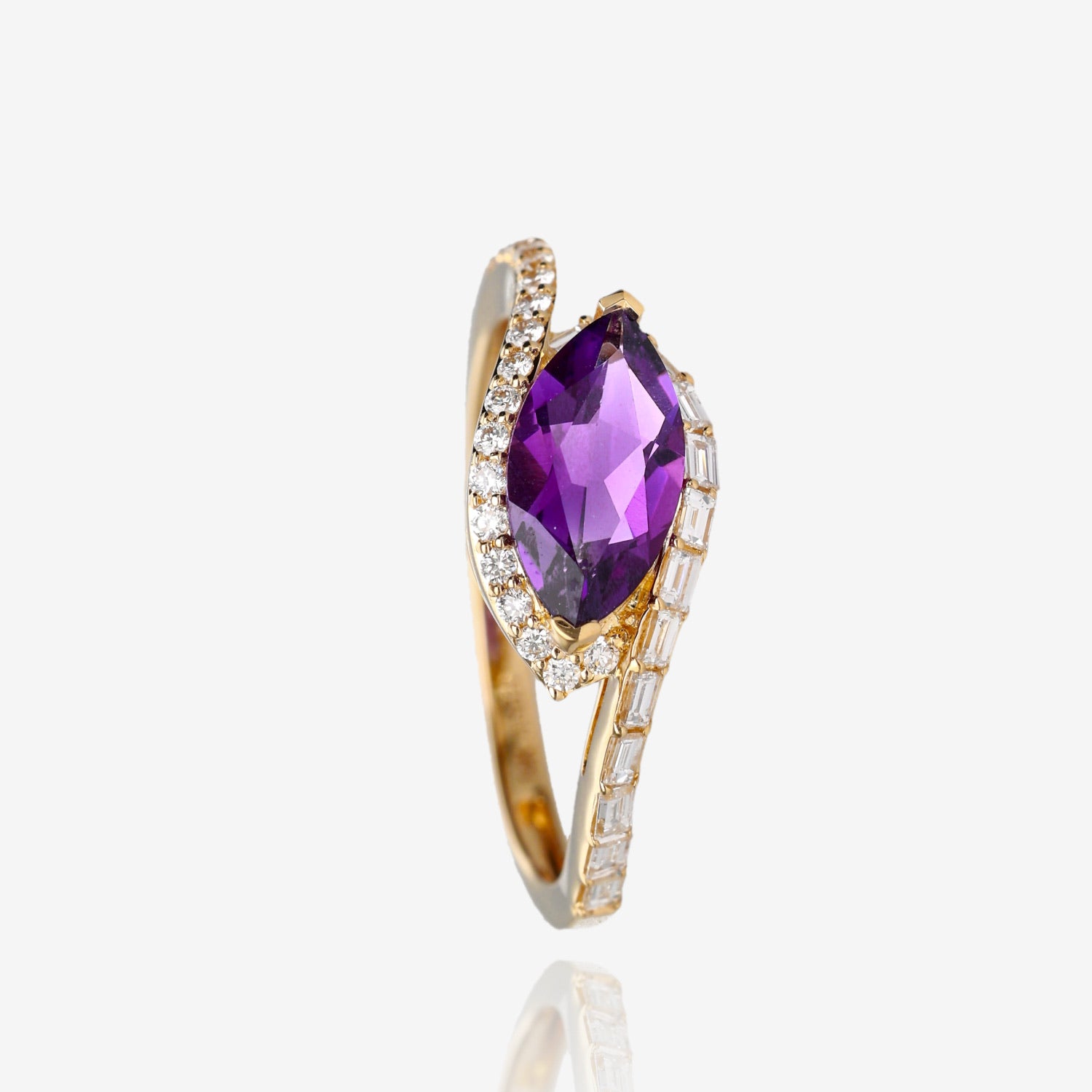 14K Yellow Golden Halo Marquise Amethyst Ring and Diamond Accent