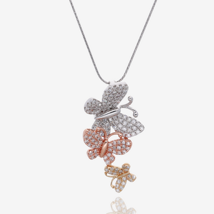 Tricolor Natural Diamond Cascade Butterfly Pendant in 14K Gold