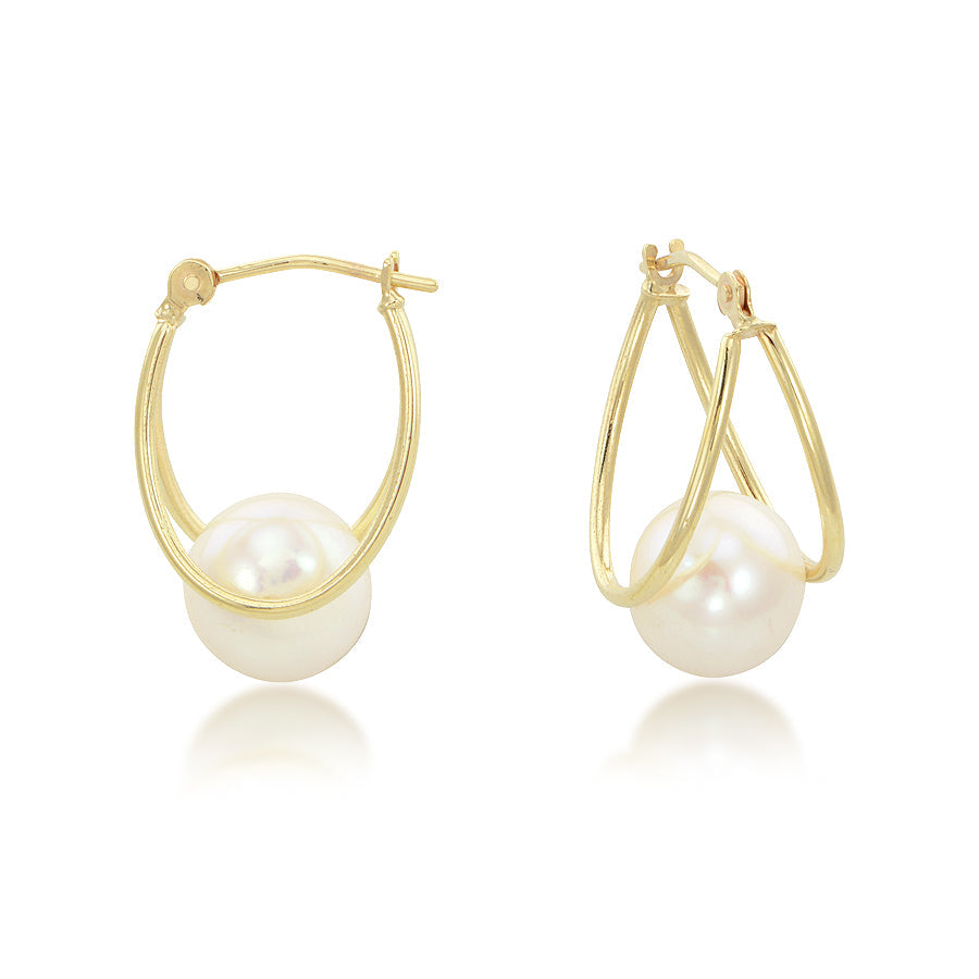 14K Yellow Gold Oval Captured Freshwater Pearl Hoop Earrings