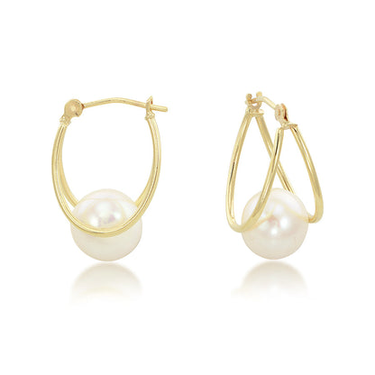 14K Yellow Gold Oval Captured Freshwater Pearl Hoop Earrings