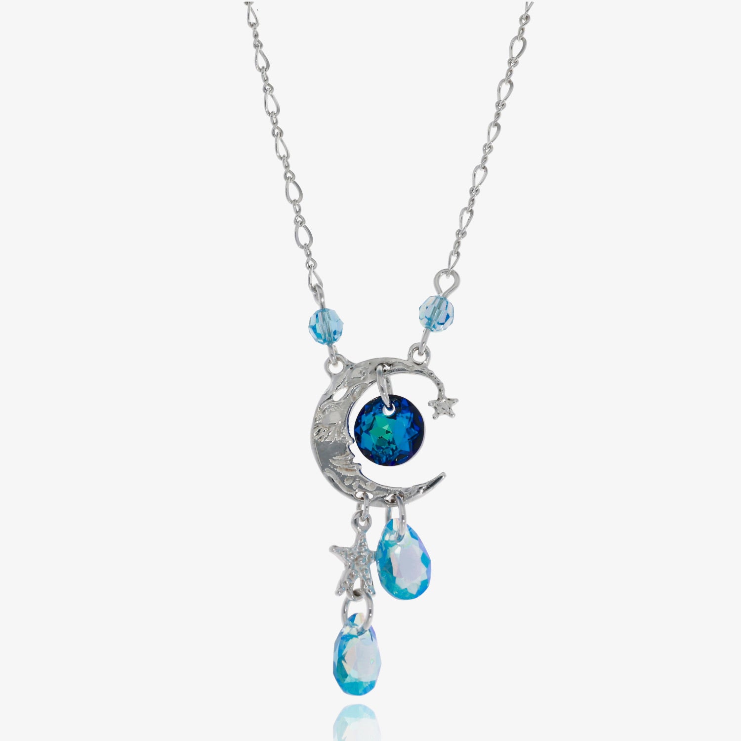 Celestial crystal Blue Moon Silver Dangle Necklace