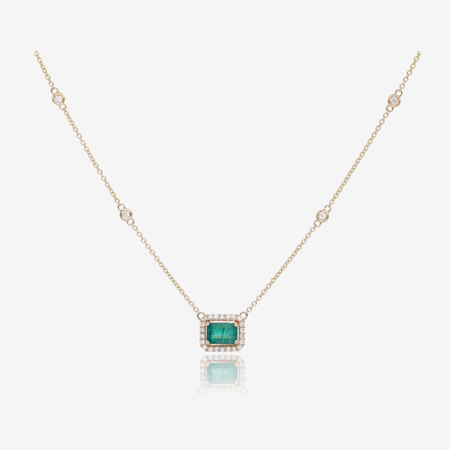 Emerald and Diamond Gold Halo Station Necklace