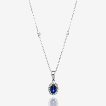 Natural Sapphire and Diamond Halo Pendant in 14K White Gold